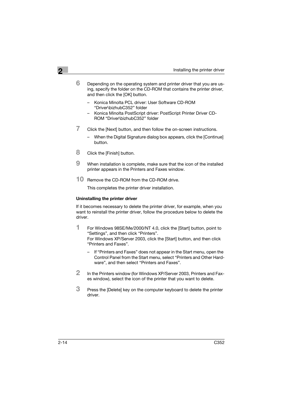Uninstalling the printer driver, Uninstalling the printer driver -14 | Konica Minolta bizhub C352 User Manual | Page 37 / 96