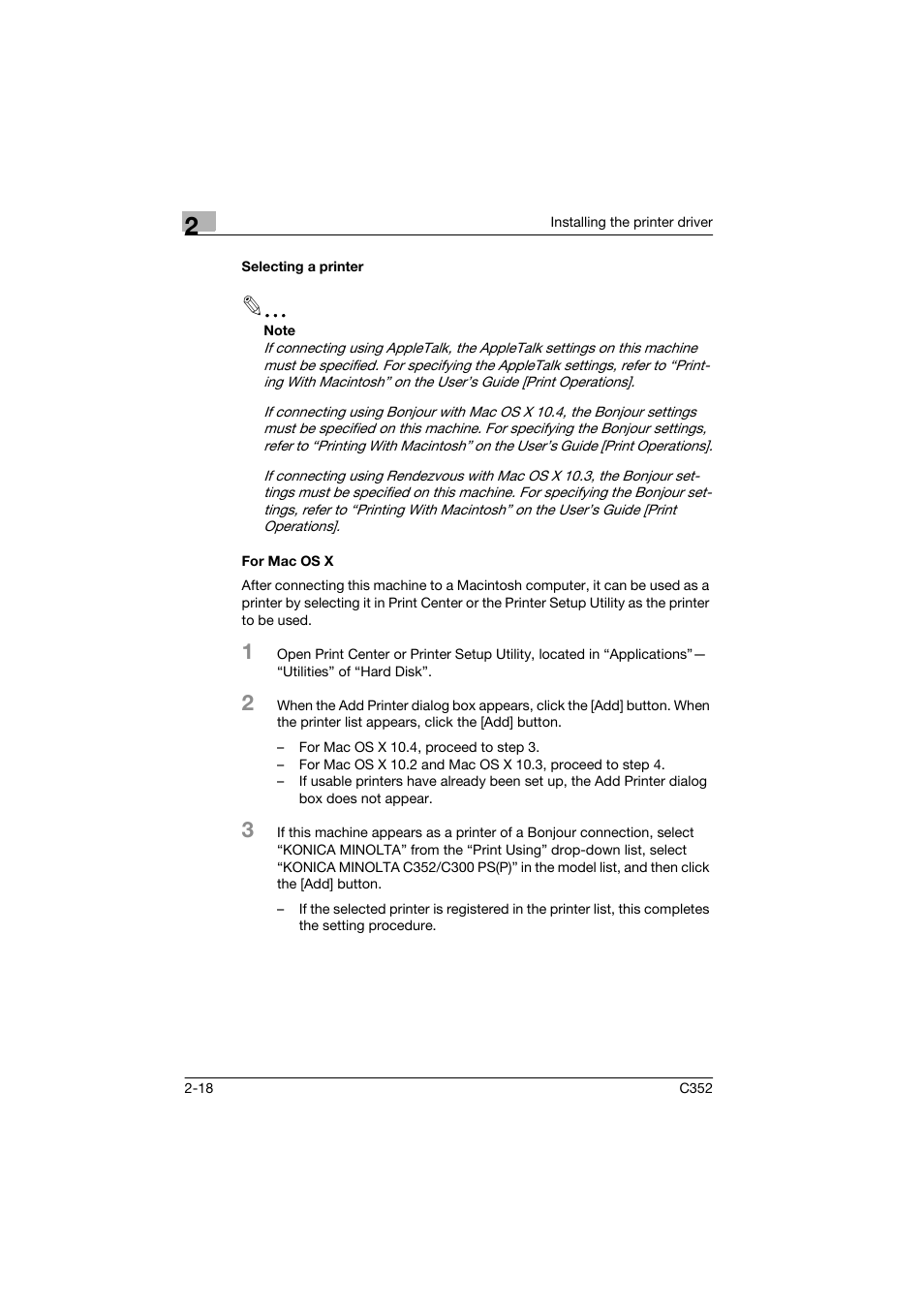 Selecting a printer, For mac os x, Selecting a printer -18 for mac os x -18 | Konica Minolta bizhub C352 User Manual | Page 41 / 96