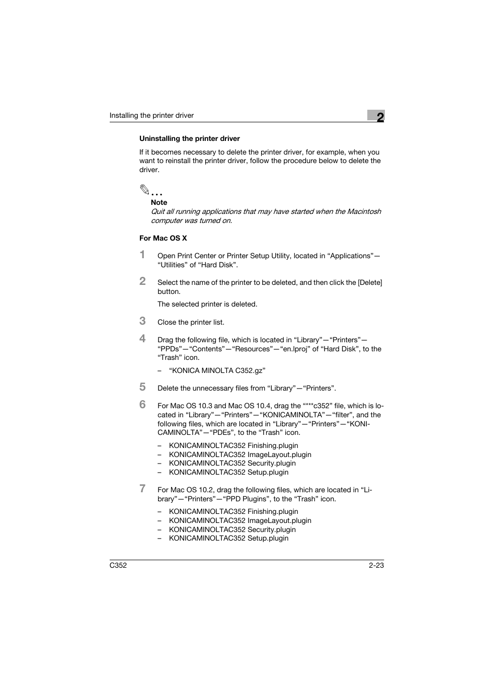 Uninstalling the printer driver, For mac os x | Konica Minolta bizhub C352 User Manual | Page 46 / 96