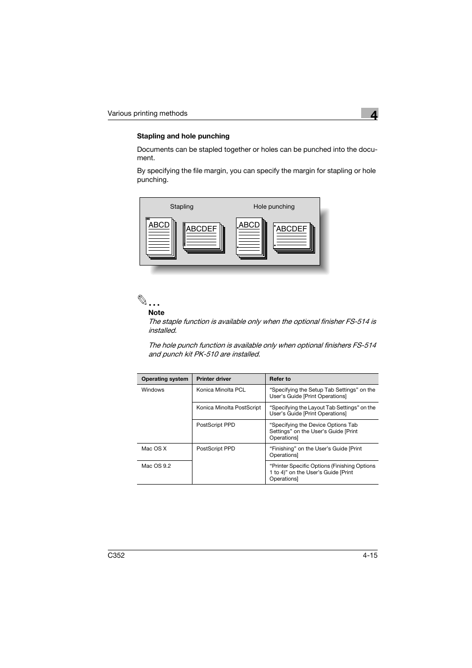 Stapling and hole punching, Stapling and hole punching -15 | Konica Minolta bizhub C352 User Manual | Page 68 / 96