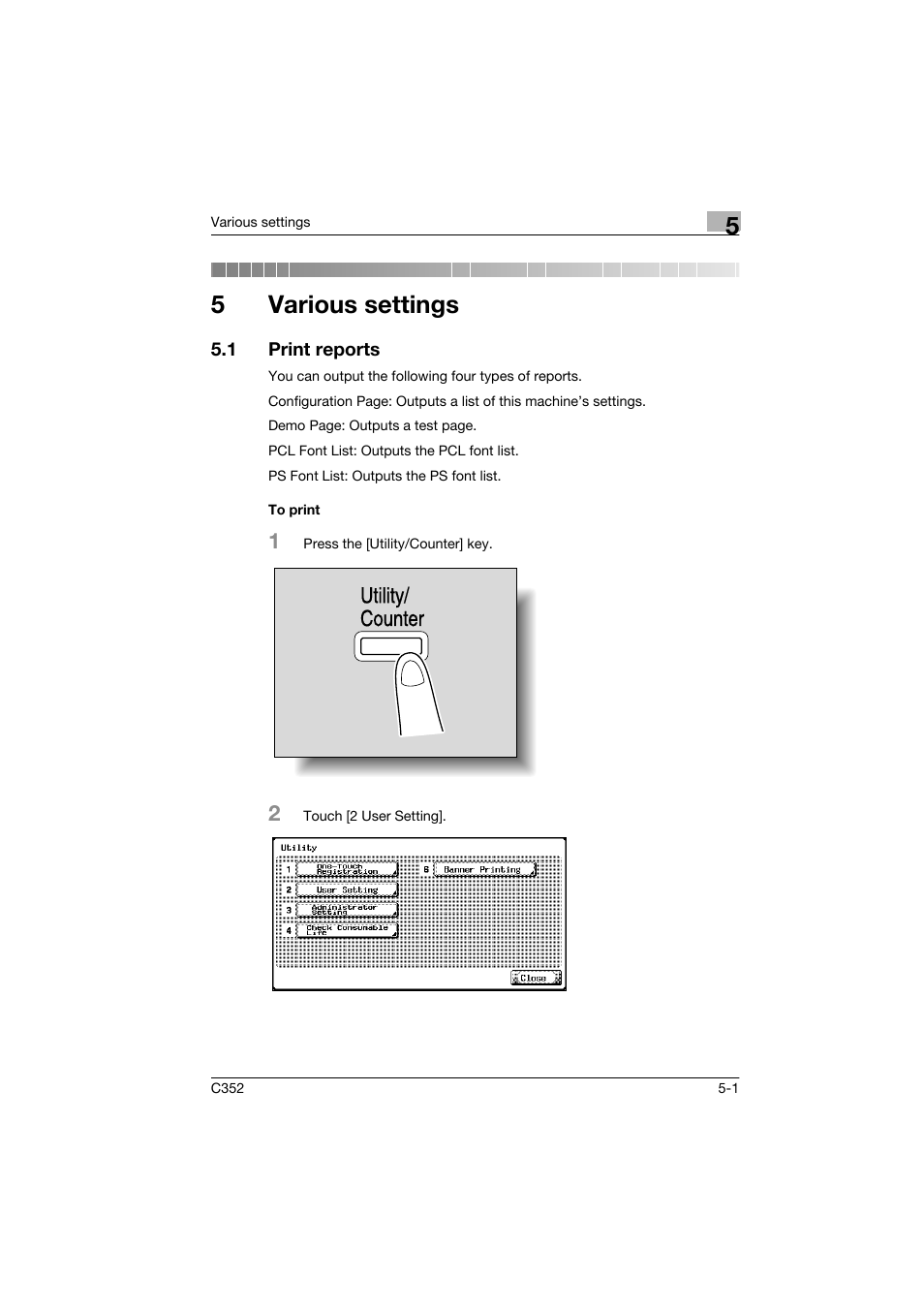 5 various settings, 1 print reports, To print | Various settings, Print reports -1, To print -1, 5various settings, Utility/ counter | Konica Minolta bizhub C352 User Manual | Page 76 / 96