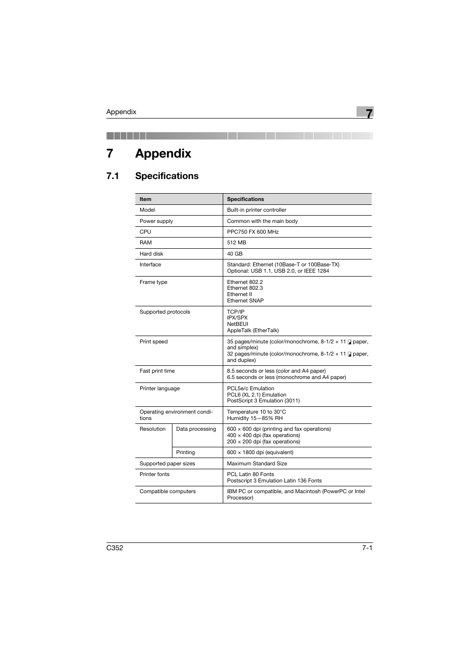 7 appendix, 1 specifications, Appendix | Specifications -1, 7appendix | Konica Minolta bizhub C352 User Manual | Page 90 / 96