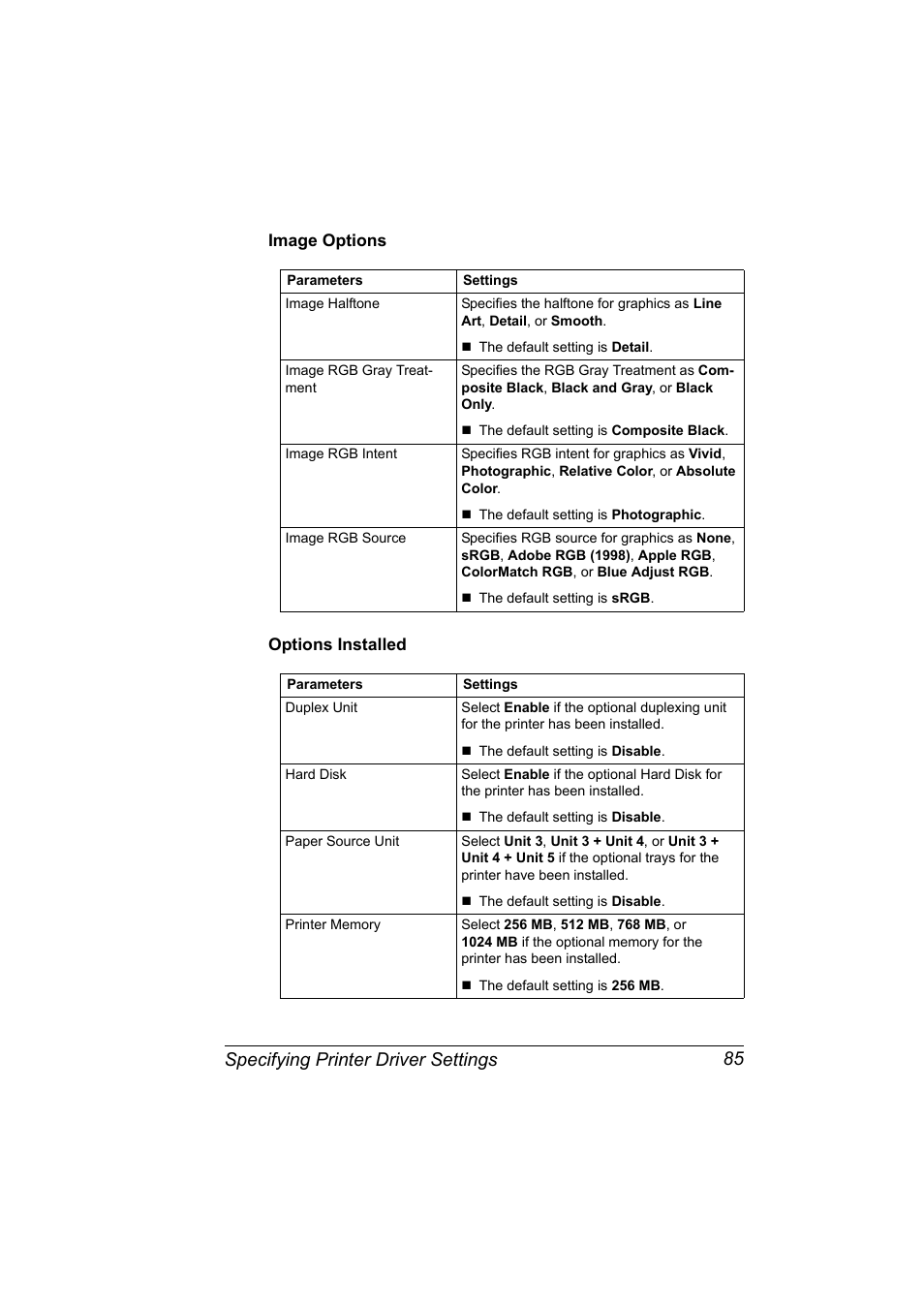 Image options, Options installed, Image options 85 options installed 85 | Specifying printer driver settings 85 | Konica Minolta magicolor 7450 grafx User Manual | Page 103 / 272