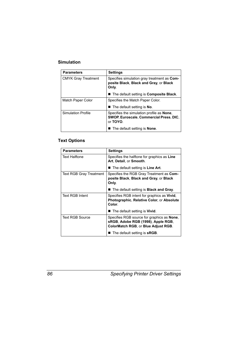 Simulation, Text options, Simulation 86 text options 86 | Specifying printer driver settings 86 | Konica Minolta magicolor 7450 grafx User Manual | Page 104 / 272