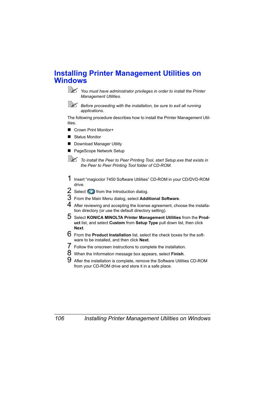 Installing printer management utilities on windows | Konica Minolta magicolor 7450 grafx User Manual | Page 124 / 272