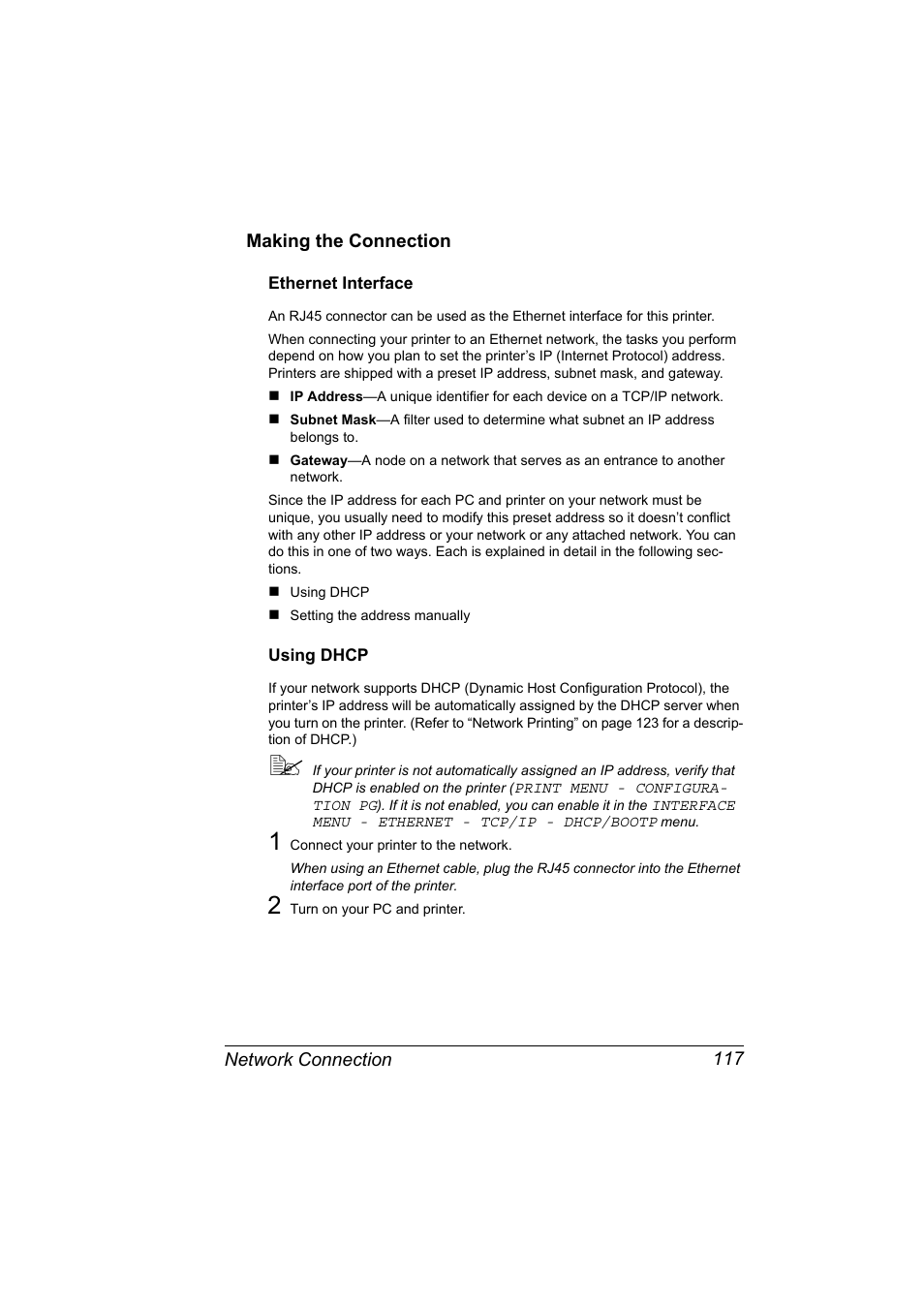 Making the connection, Ethernet interface, Using dhcp | Making the connection 117, Ethernet interface 117 using dhcp 117 | Konica Minolta magicolor 7450 grafx User Manual | Page 135 / 272