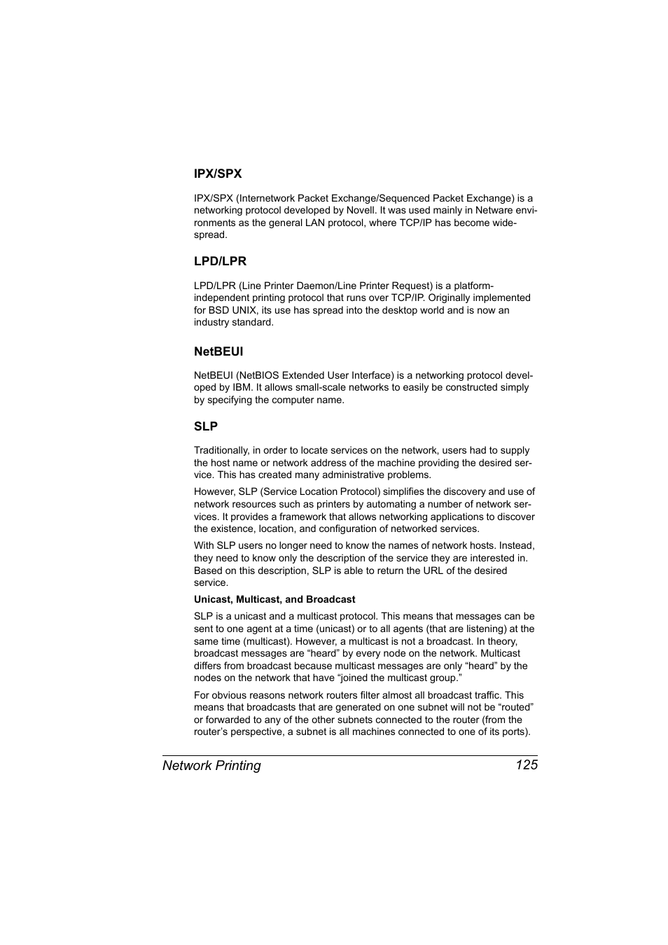 Ipx/spx, Lpd/lpr, Netbeui | Ipx/spx 125 lpd/lpr 125 netbeui 125 slp 125 | Konica Minolta magicolor 7450 grafx User Manual | Page 143 / 272