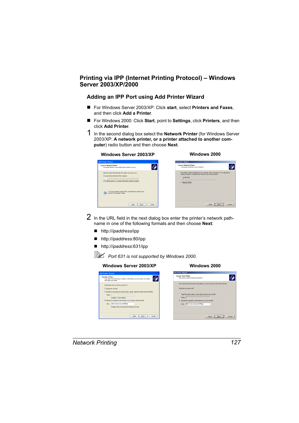Adding an ipp port using add printer wizard, Adding an ipp port using add printer wizard 127 | Konica Minolta magicolor 7450 grafx User Manual | Page 145 / 272
