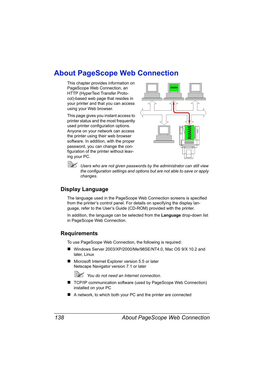 Display language, Requirements, Display language 138 requirements 138 | About pagescope web connection | Konica Minolta magicolor 7450 grafx User Manual | Page 156 / 272