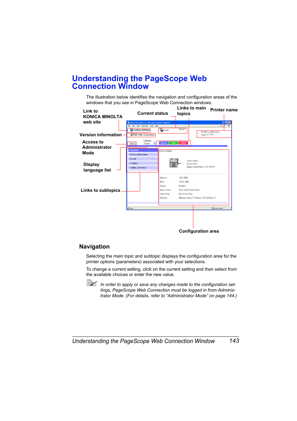 Navigation, Navigation 143, Understanding the pagescope web connection window | Konica Minolta magicolor 7450 grafx User Manual | Page 161 / 272