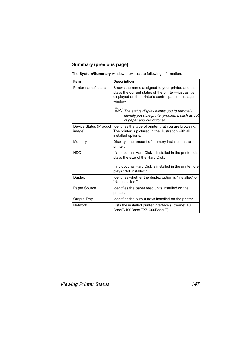 Viewing printer status 147 | Konica Minolta magicolor 7450 grafx User Manual | Page 165 / 272