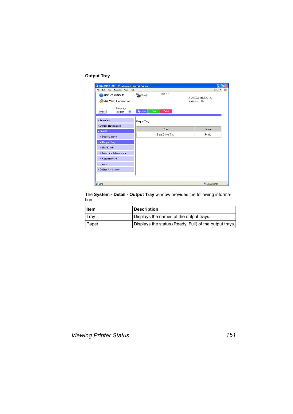Viewing printer status 151 | Konica Minolta magicolor 7450 grafx User Manual | Page 169 / 272