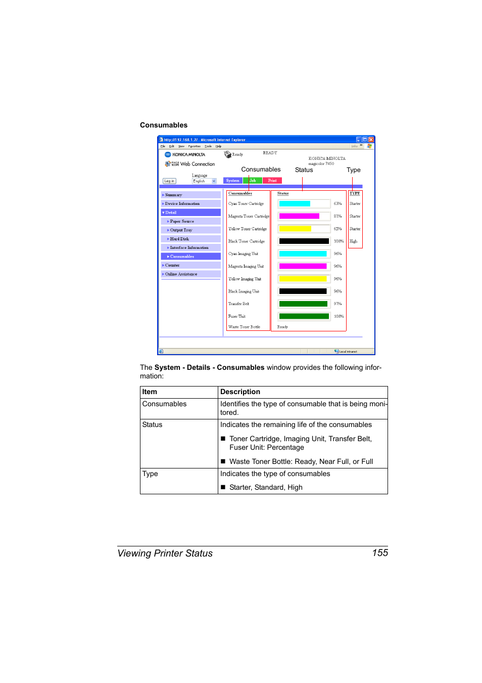 Viewing printer status 155 | Konica Minolta magicolor 7450 grafx User Manual | Page 173 / 272