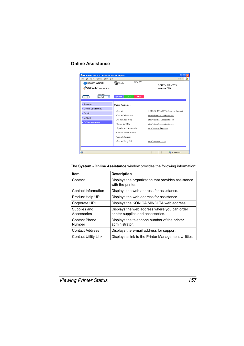 Online assistance, Online assistance 157, Viewing printer status 157 | Konica Minolta magicolor 7450 grafx User Manual | Page 175 / 272