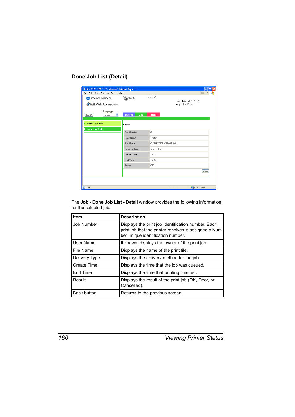 Done job list (detail), Done job list (detail) 160, Viewing printer status 160 | Konica Minolta magicolor 7450 grafx User Manual | Page 178 / 272