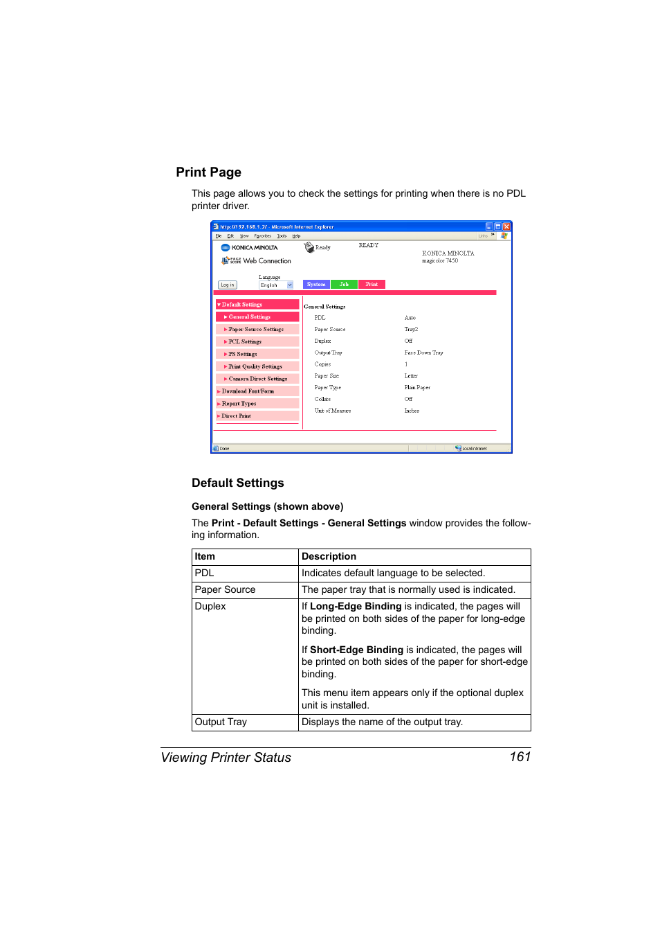 Default settings, Default settings 161, Viewing printer status 161 print page | Konica Minolta magicolor 7450 grafx User Manual | Page 179 / 272