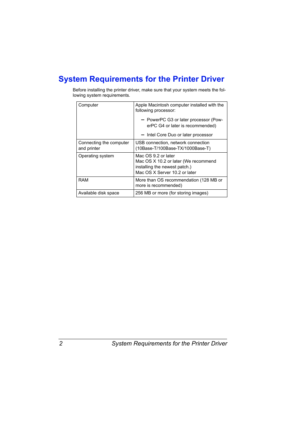 System requirements for the printer driver, System requirements for the printer driver 2 | Konica Minolta magicolor 7450 grafx User Manual | Page 20 / 272