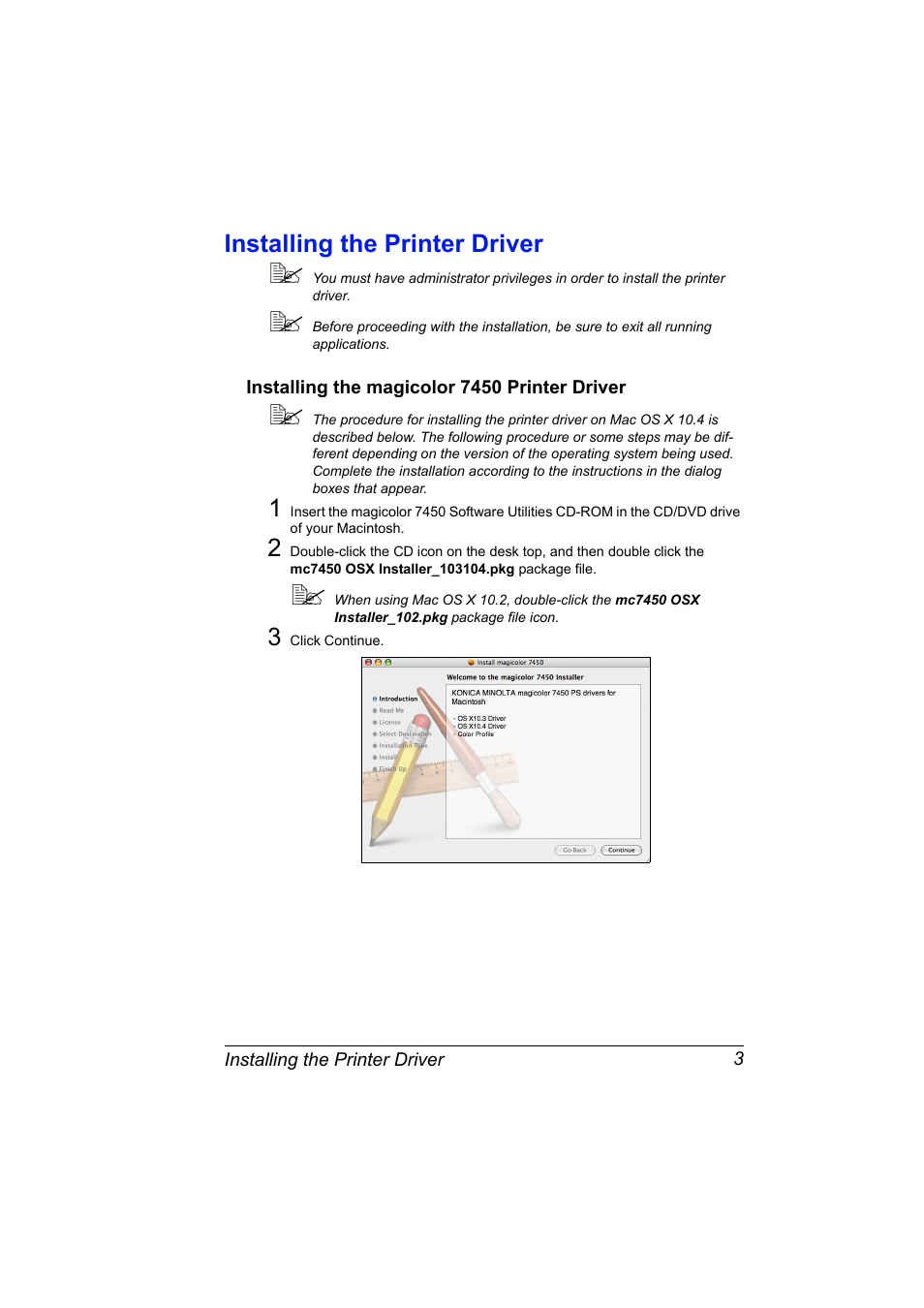 Installing the printer driver, Installing the magicolor 7450 printer driver, Installing the printer driver 3 | Installing the magicolor 7450 printer driver 3 | Konica Minolta magicolor 7450 grafx User Manual | Page 21 / 272