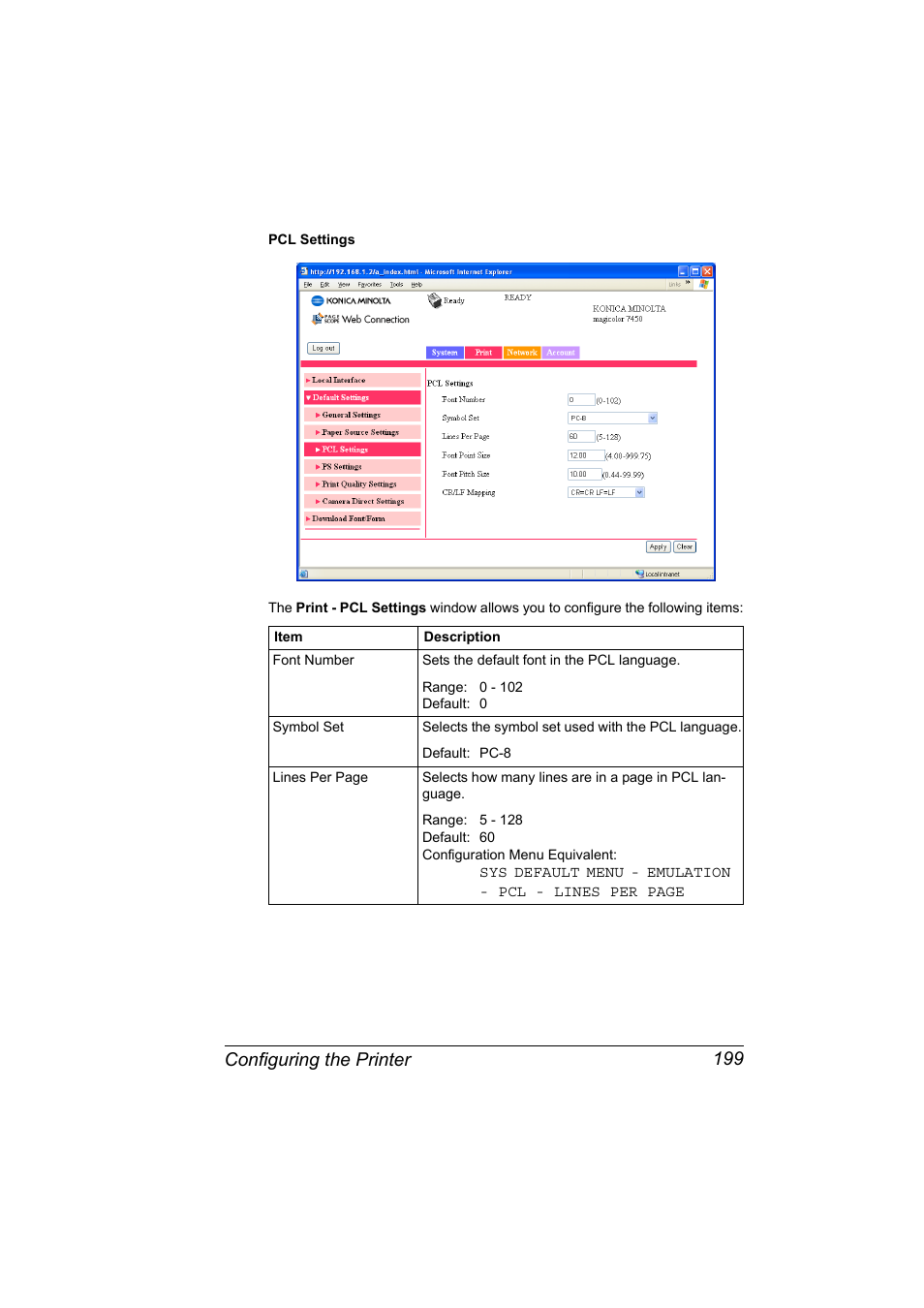 Configuring the printer 199 | Konica Minolta magicolor 7450 grafx User Manual | Page 217 / 272