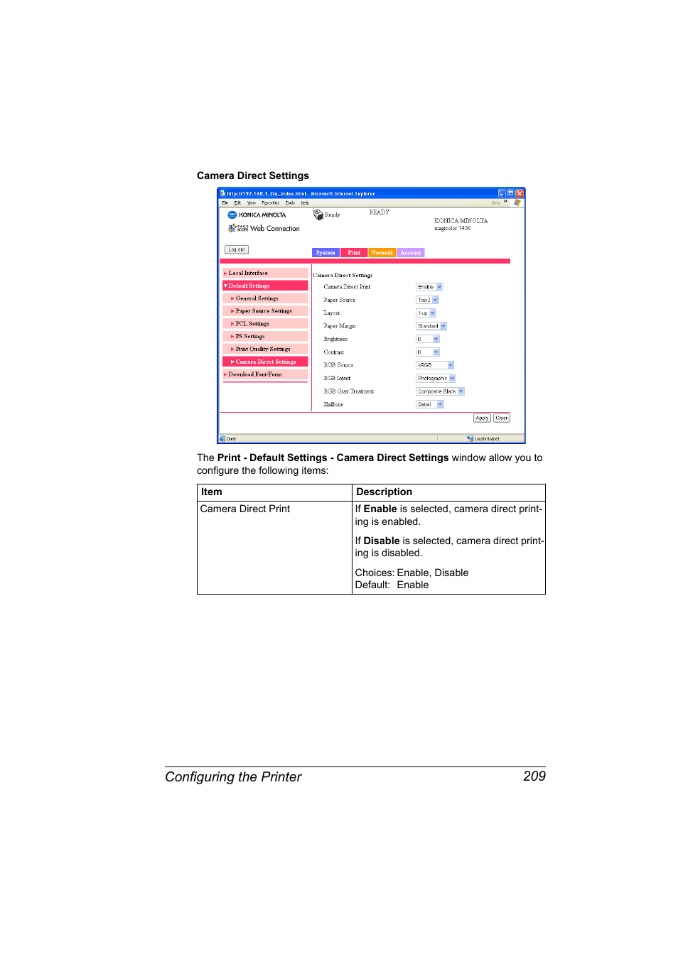 Configuring the printer 209 | Konica Minolta magicolor 7450 grafx User Manual | Page 227 / 272