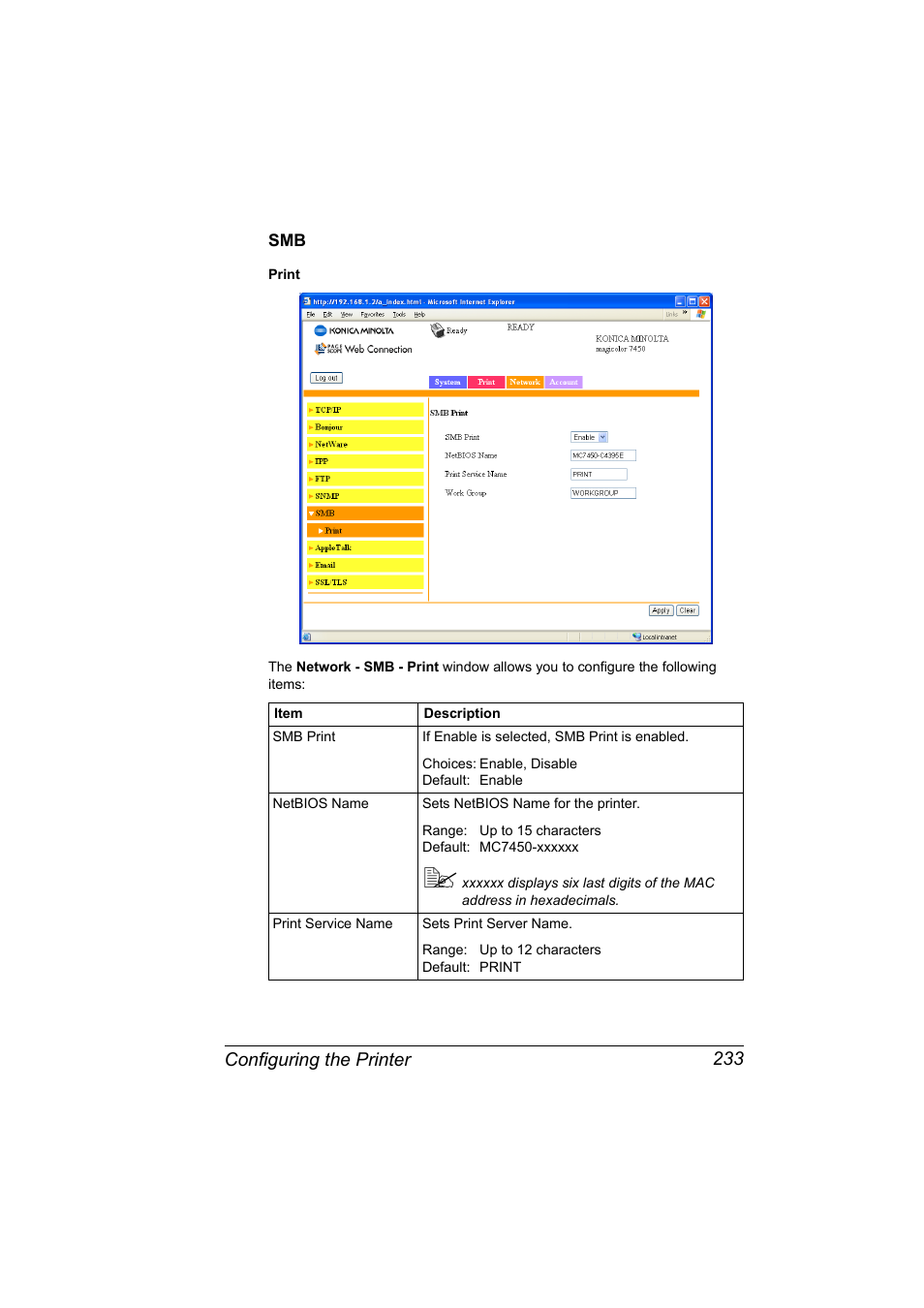 Smb 233, Configuring the printer 233 | Konica Minolta magicolor 7450 grafx User Manual | Page 251 / 272
