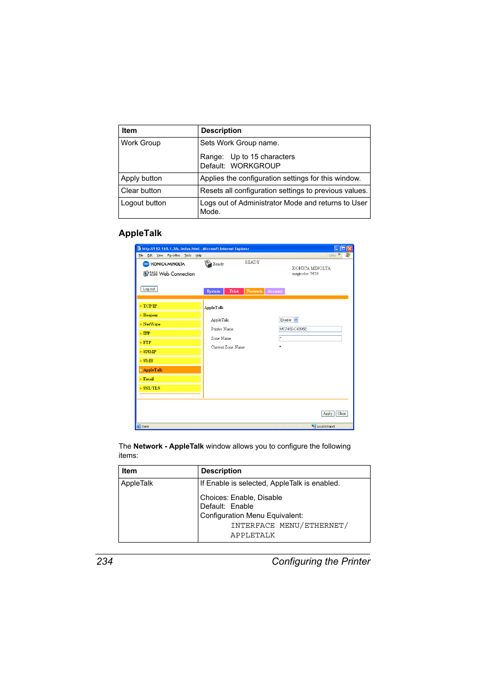 Appletalk, Appletalk 234, Configuring the printer 234 | Konica Minolta magicolor 7450 grafx User Manual | Page 252 / 272