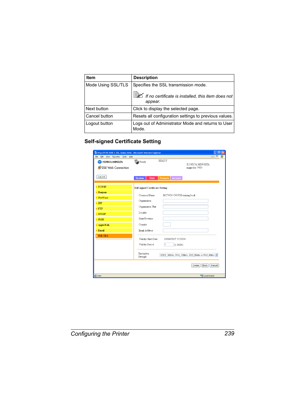 Self-signed certificate setting, Self-signed certificate setting 239 | Konica Minolta magicolor 7450 grafx User Manual | Page 257 / 272