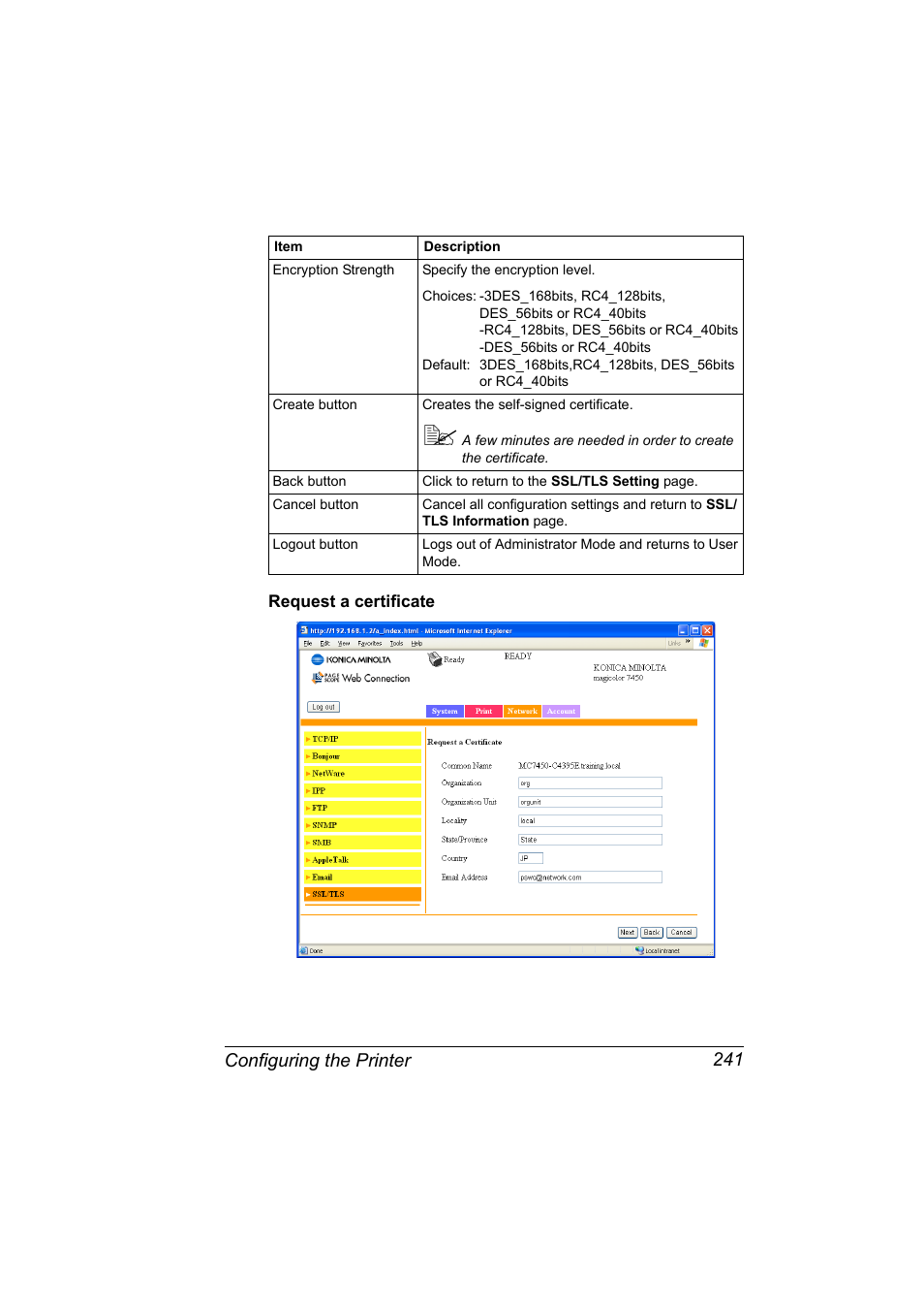 Request a certificate, Request a certificate 241, Configuring the printer 241 | Konica Minolta magicolor 7450 grafx User Manual | Page 259 / 272