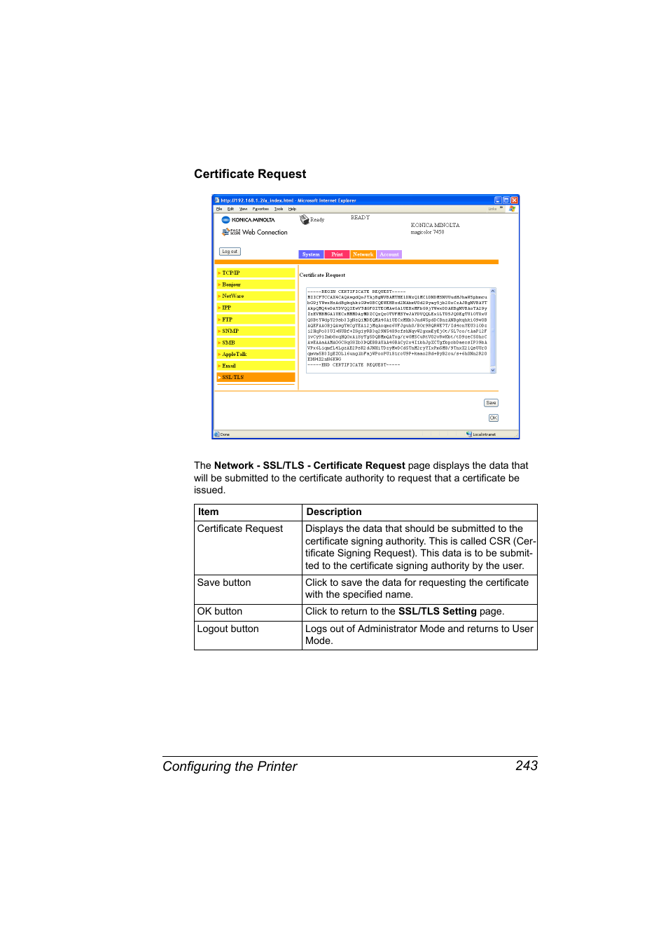 Certificate request, Certificate request 243, Configuring the printer 243 | Konica Minolta magicolor 7450 grafx User Manual | Page 261 / 272