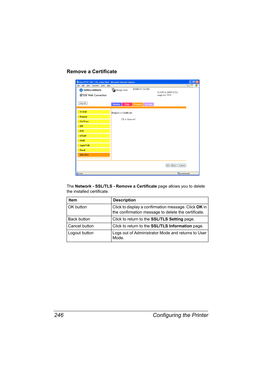Remove a certificate, Remove a certificate 246, Configuring the printer 246 | Konica Minolta magicolor 7450 grafx User Manual | Page 264 / 272