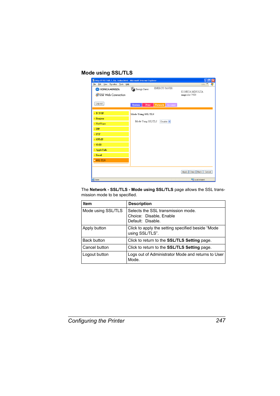 Mode using ssl/tls, Mode using ssl/tls 247, Configuring the printer 247 | Konica Minolta magicolor 7450 grafx User Manual | Page 265 / 272