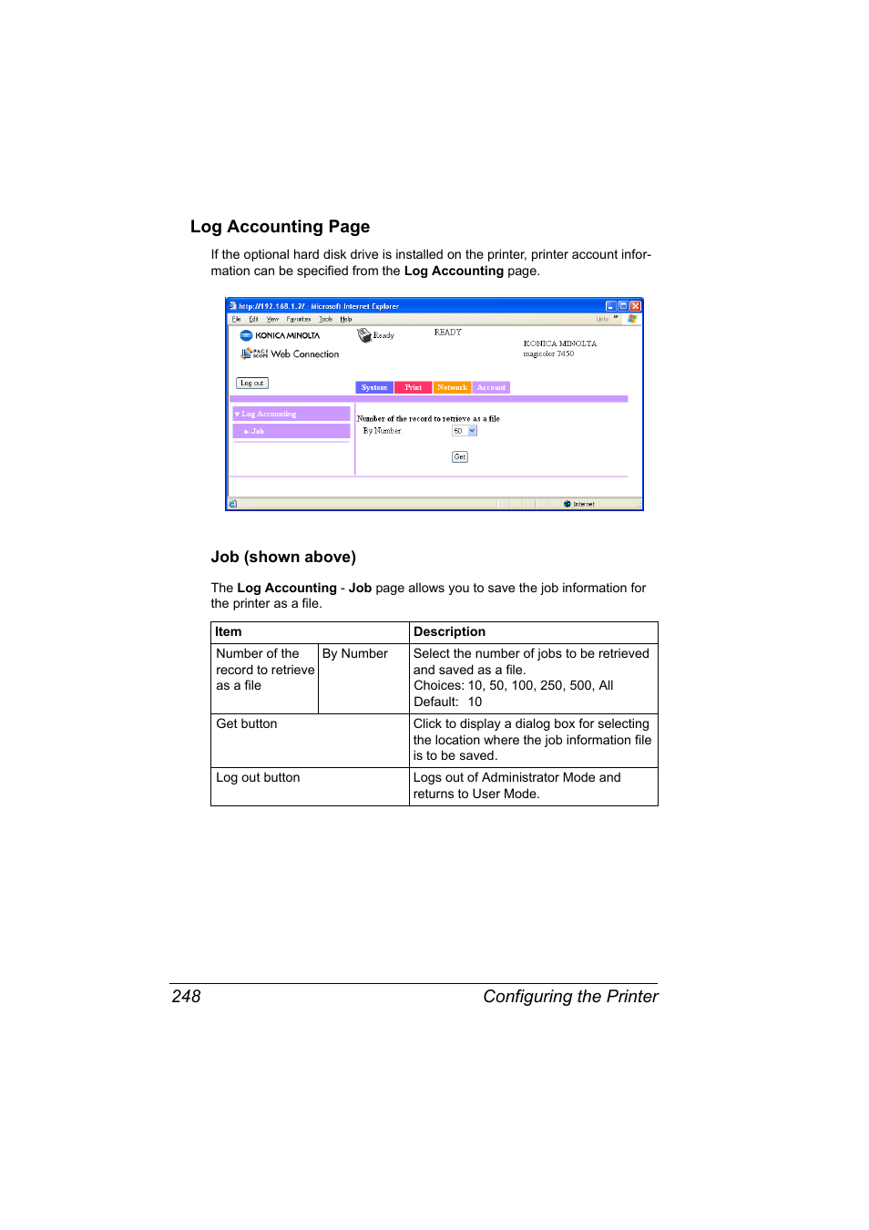 Job (shown above), Configuring the printer 248 log accounting page | Konica Minolta magicolor 7450 grafx User Manual | Page 266 / 272