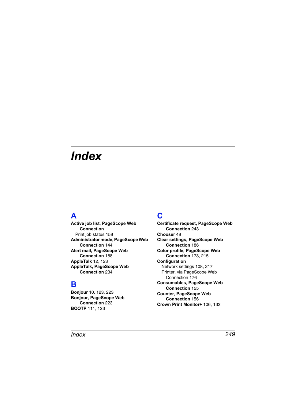 Index, A to c | Konica Minolta magicolor 7450 grafx User Manual | Page 267 / 272