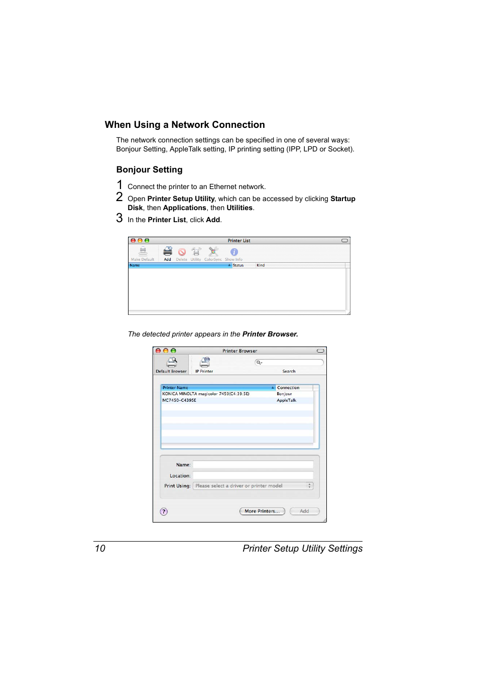 When using a network connection, Bonjour setting, When using a network connection 10 | Bonjour setting 10 | Konica Minolta magicolor 7450 grafx User Manual | Page 28 / 272