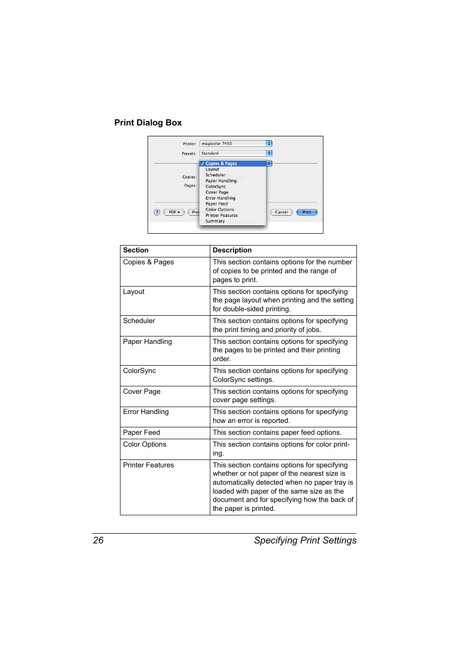 Print dialog box, Print dialog box 26, Specifying print settings 26 | Konica Minolta magicolor 7450 grafx User Manual | Page 44 / 272
