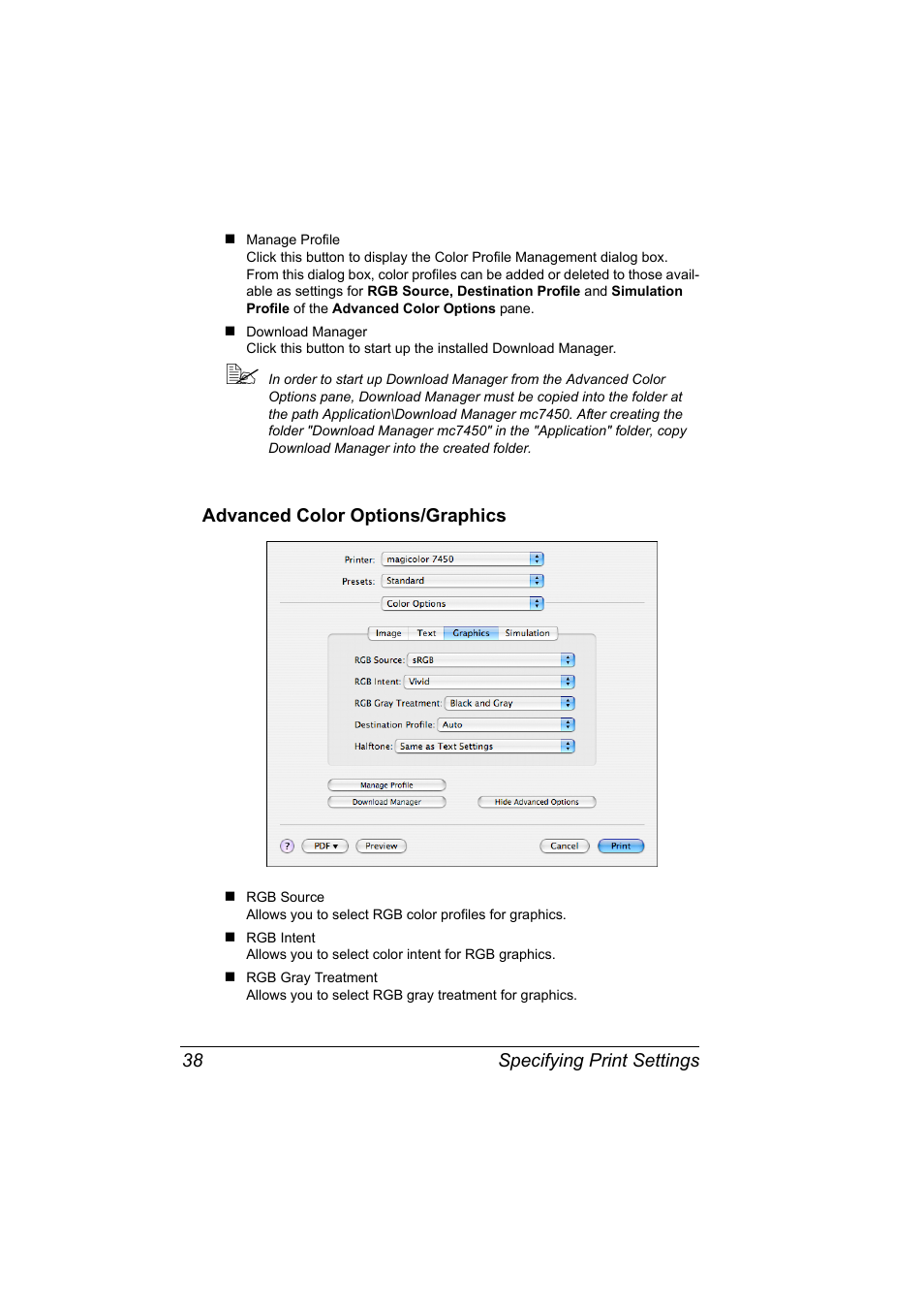 Advanced color options/graphics, Advanced color options/graphics 38 | Konica Minolta magicolor 7450 grafx User Manual | Page 56 / 272