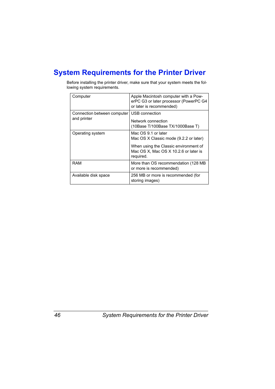 System requirements for the printer driver, System requirements for the printer driver 46 | Konica Minolta magicolor 7450 grafx User Manual | Page 64 / 272