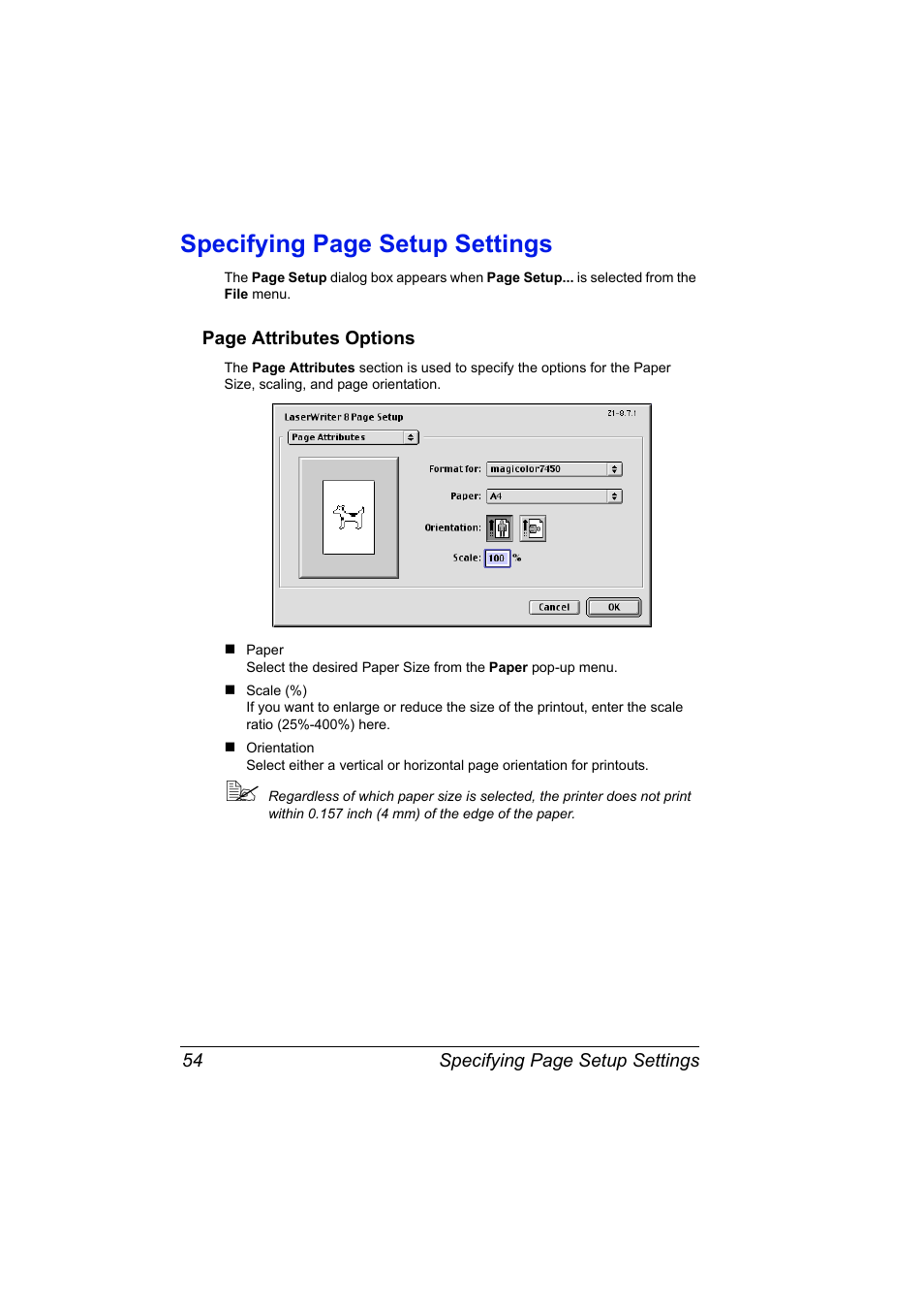 Specifying page setup settings | Konica Minolta magicolor 7450 grafx User Manual | Page 72 / 272