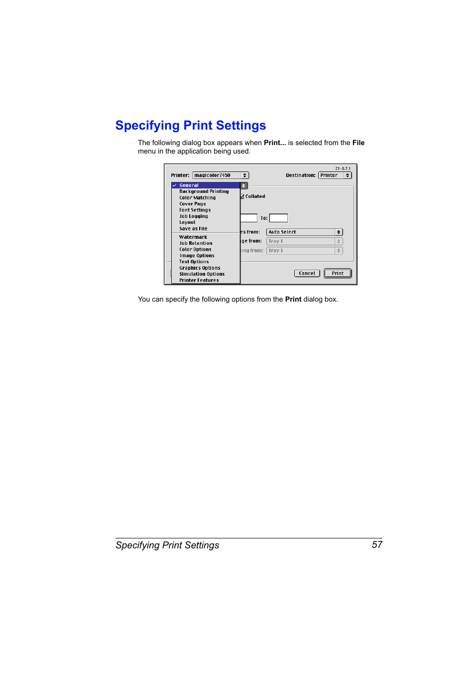 Specifying print settings, Specifying print settings 57 | Konica Minolta magicolor 7450 grafx User Manual | Page 75 / 272