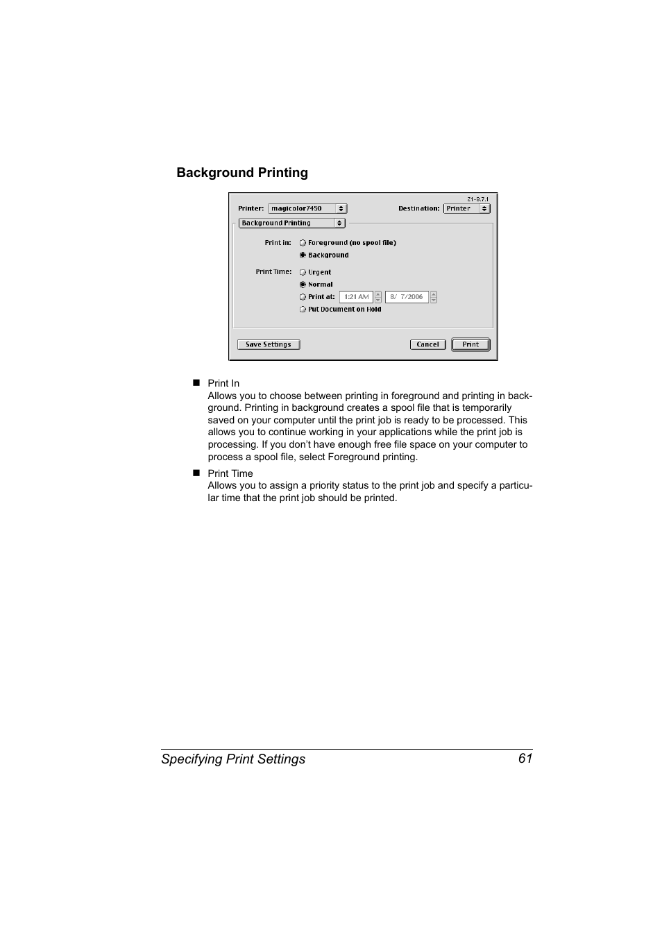 Background printing, Background printing 61 | Konica Minolta magicolor 7450 grafx User Manual | Page 79 / 272