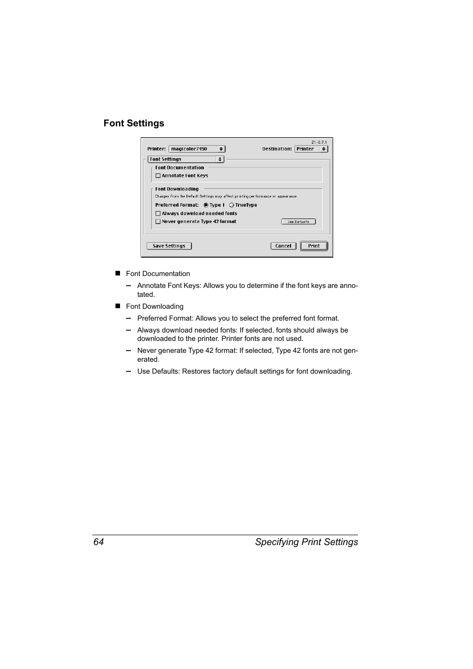 Font settings, Font settings 64 | Konica Minolta magicolor 7450 grafx User Manual | Page 82 / 272