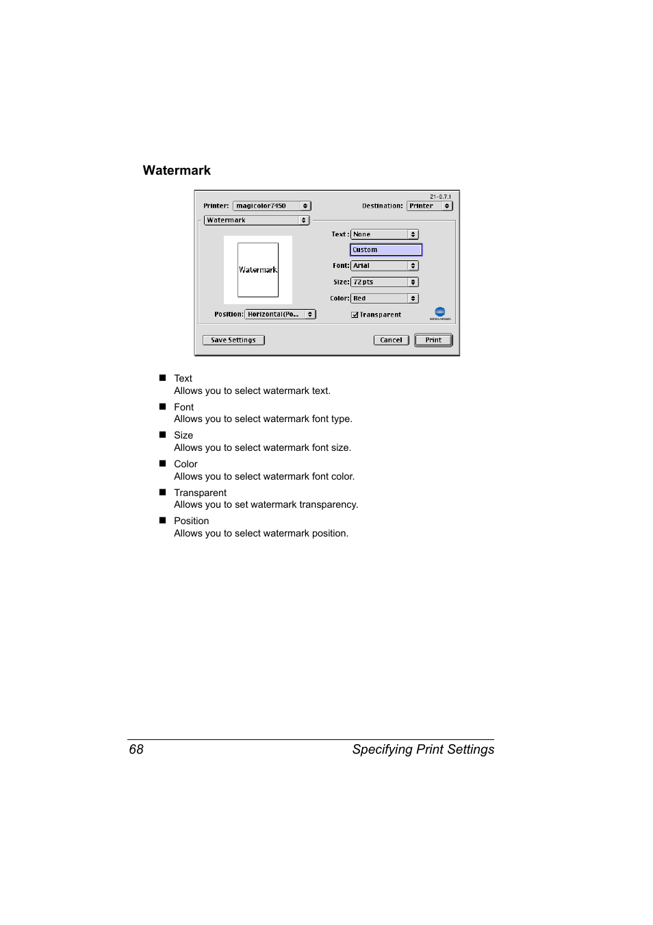 Watermark, Watermark 68, Specifying print settings 68 watermark | Konica Minolta magicolor 7450 grafx User Manual | Page 86 / 272