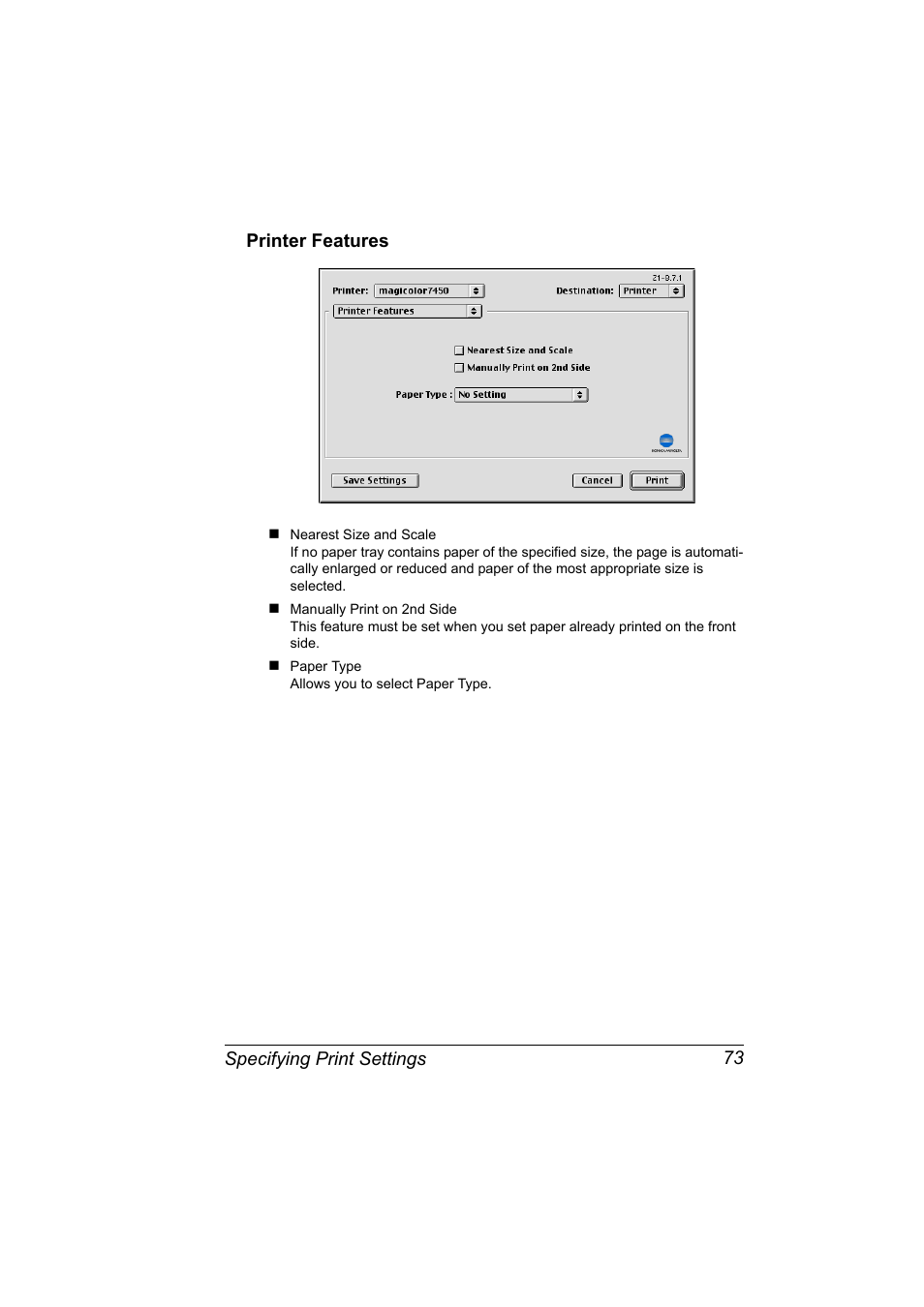 Printer features, Printer features 73 | Konica Minolta magicolor 7450 grafx User Manual | Page 91 / 272