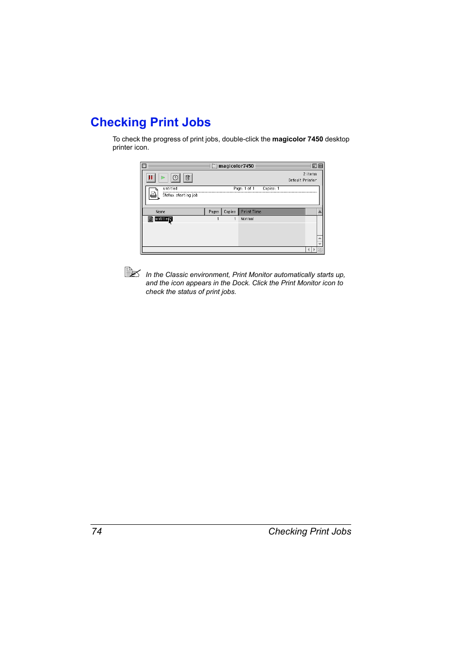 Checking print jobs, Checking print jobs 74 | Konica Minolta magicolor 7450 grafx User Manual | Page 92 / 272