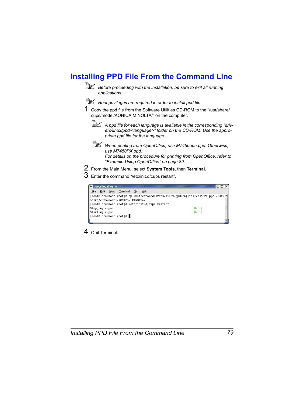 Installing ppd file from the command line, Installing ppd file from the command line 79 | Konica Minolta magicolor 7450 grafx User Manual | Page 97 / 272