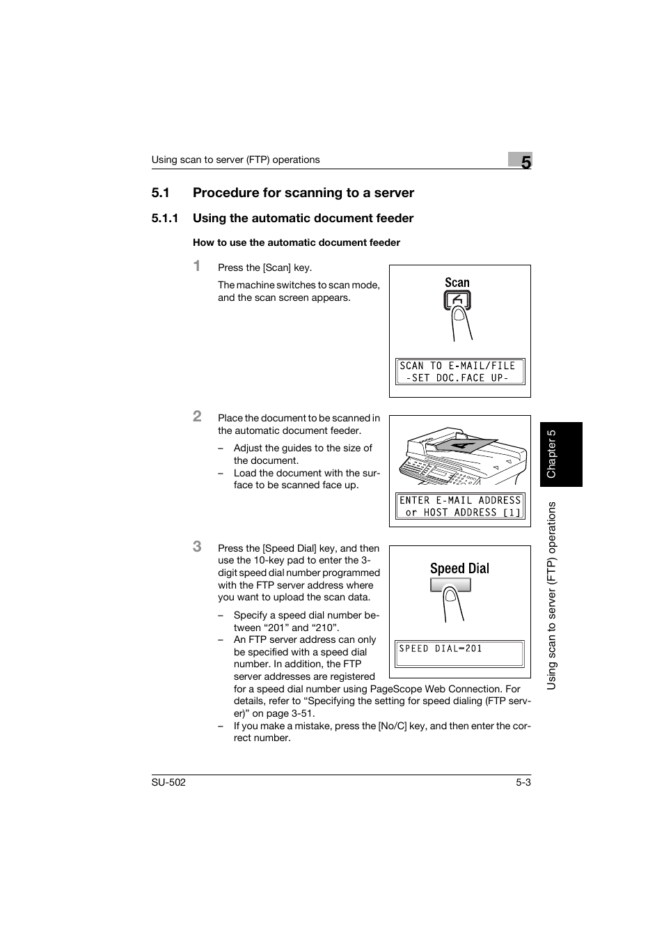 1 procedure for scanning to a server, 1 using the automatic document feeder, How to use the automatic document feeder | Procedure for scanning to a server -3 | Konica Minolta bizhub 160 User Manual | Page 110 / 156