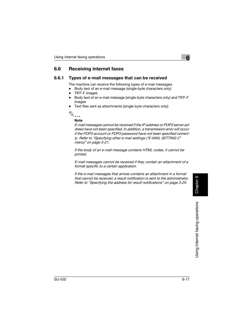 6 receiving internet faxes, 1 types of e-mail messages that can be received, Receiving internet faxes -17 | Types of e-mail messages that can be received -17 | Konica Minolta bizhub 160 User Manual | Page 132 / 156