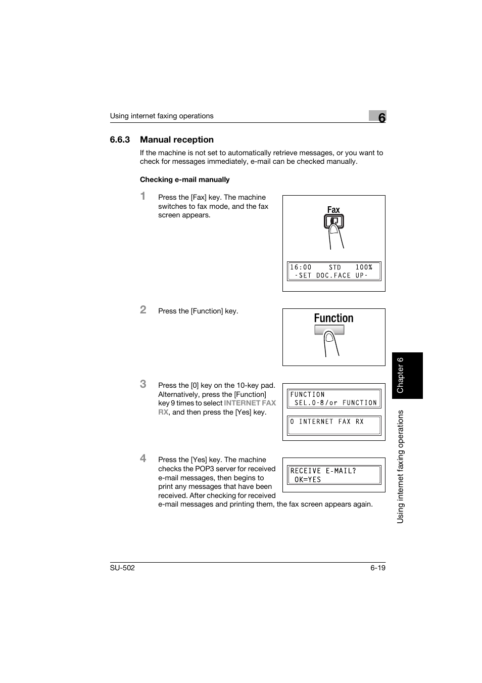 3 manual reception, Checking e-mail manually, Manual reception -19 checking e-mail manually -19 | Konica Minolta bizhub 160 User Manual | Page 134 / 156