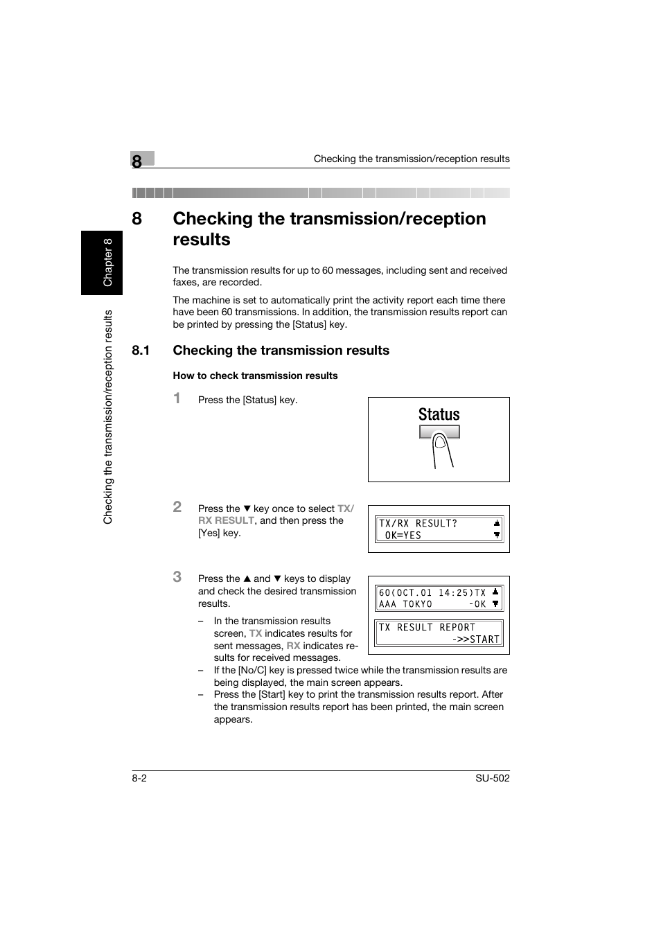 8 checking the transmission/reception results, 1 checking the transmission results, How to check transmission results | Checking the transmission/reception results, Checking the transmission results -2, How to check transmission results -2, 8checking the transmission/reception results | Konica Minolta bizhub 160 User Manual | Page 141 / 156