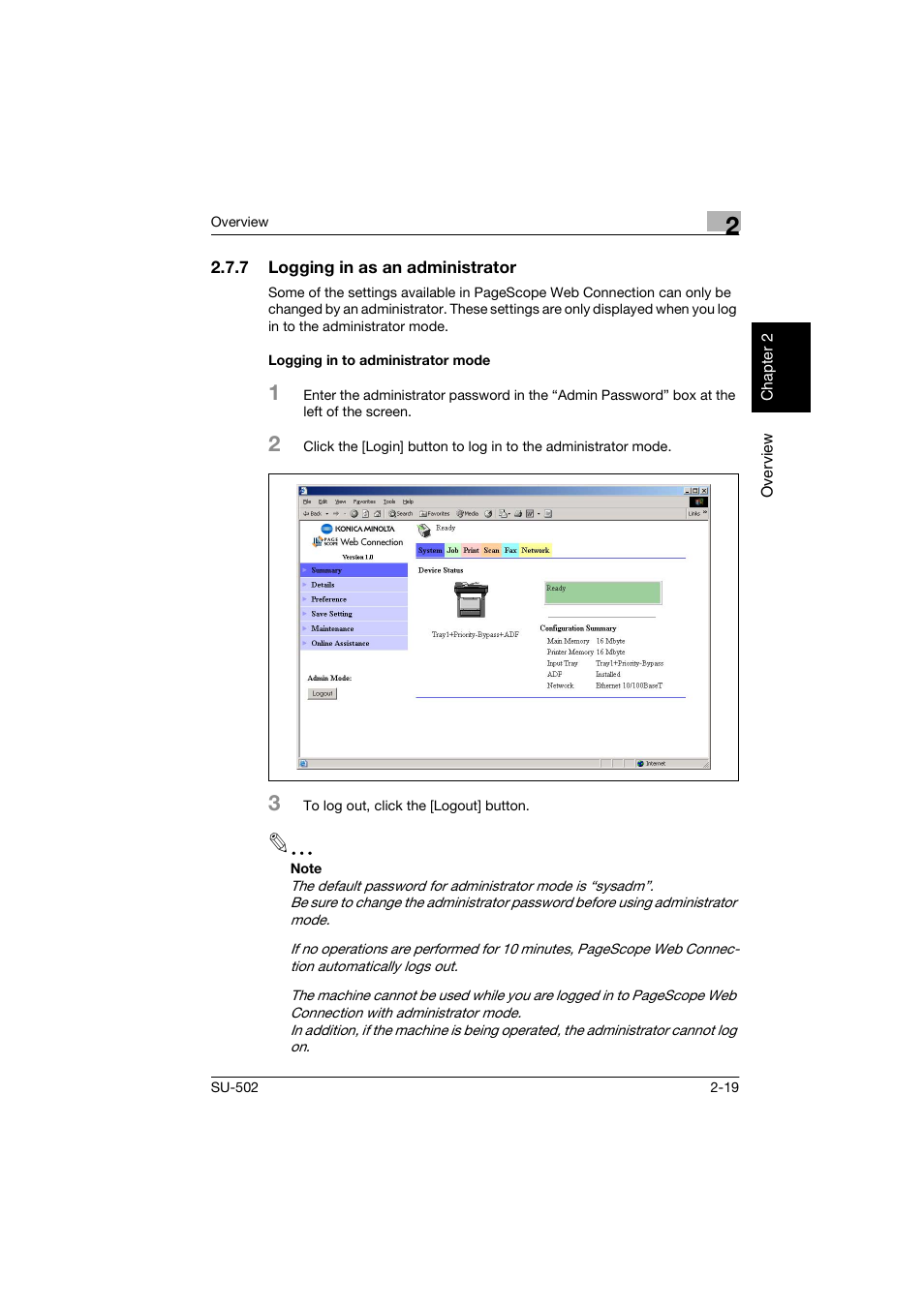 7 logging in as an administrator, Logging in to administrator mode | Konica Minolta bizhub 160 User Manual | Page 30 / 156